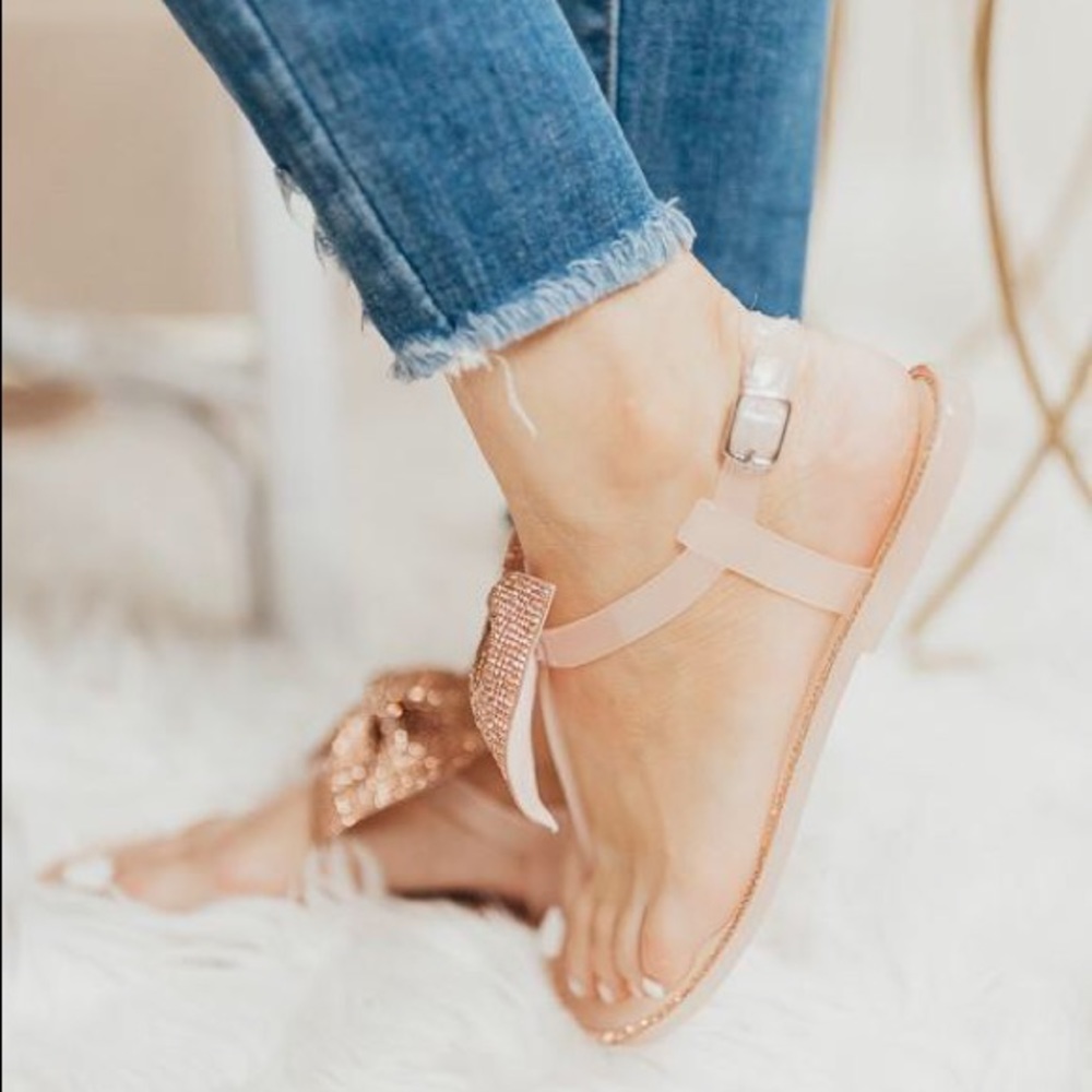 Rhinestone Bling Bow Jelly Sandals Nude Flip Flops - Picture 3 of 8